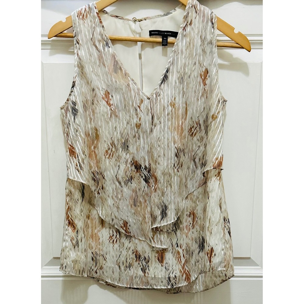 White House Black Market XS Tiered Sleeveless Blouse Metallic Stripe Abstract